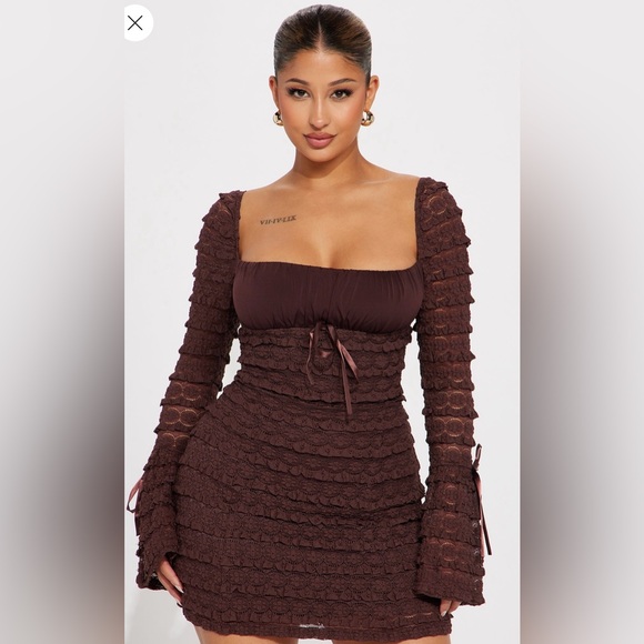 Fashion Nova Brown Lace Ruffle Long Sleeve Mini Dress Cocktail Look NWT Size M - Picture 3 of 11